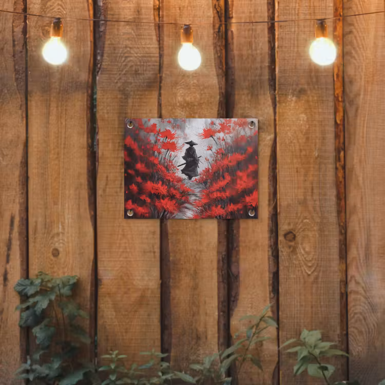 Rode bloemen - mistig - Man tuinposter los doek klein -sfeer1