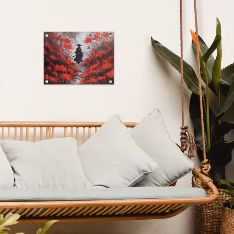 Rode bloemen - mistig - Man tuinposter los doek klein -sfeer7