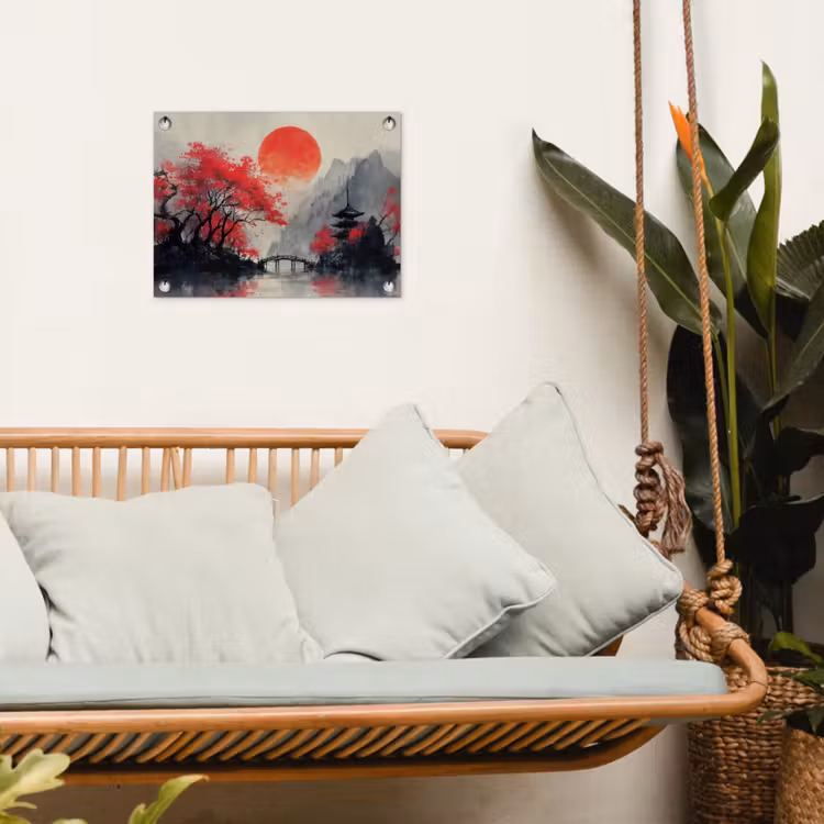 Rode zon - Rivier - brug - Bomen tuinposter los doek klein -sfeer7
