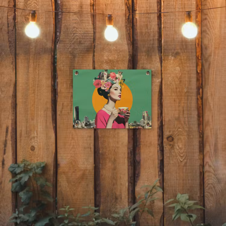 Retro - Vrouw - Stad - Zon tuinposter los doek klein -sfeer1