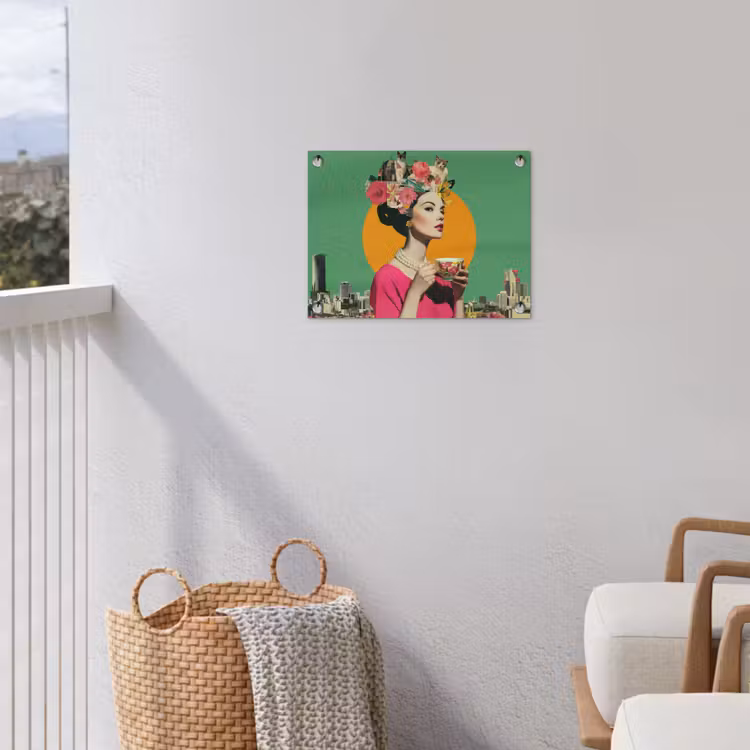Retro - Vrouw - Stad - Zon tuinposter los doek klein -sfeer8