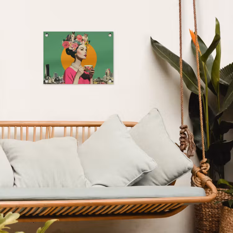 Retro - Vrouw - Stad - Zon tuinposter los doek klein -sfeer7