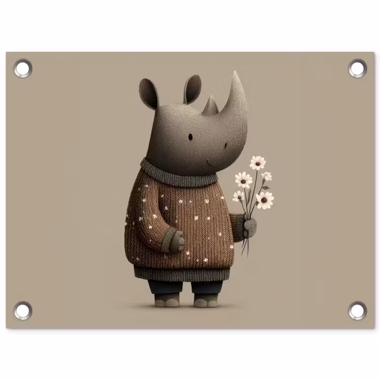 Neushoorn - Witte bloemen - Lief tuinposter los doek klein -3d