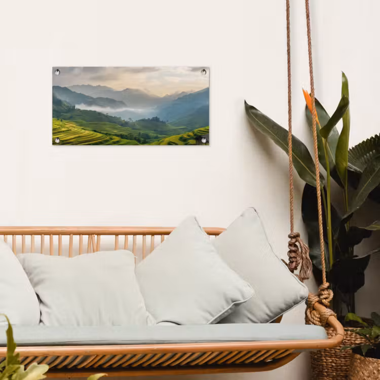 Rijstvelden - Bergen - Groen - Natuur tuinposter los doek klein -sfeer7