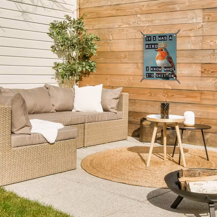 Roodborstje - Vogel - Blauw - Decoratie tuinposter los doek klein -sfeer4