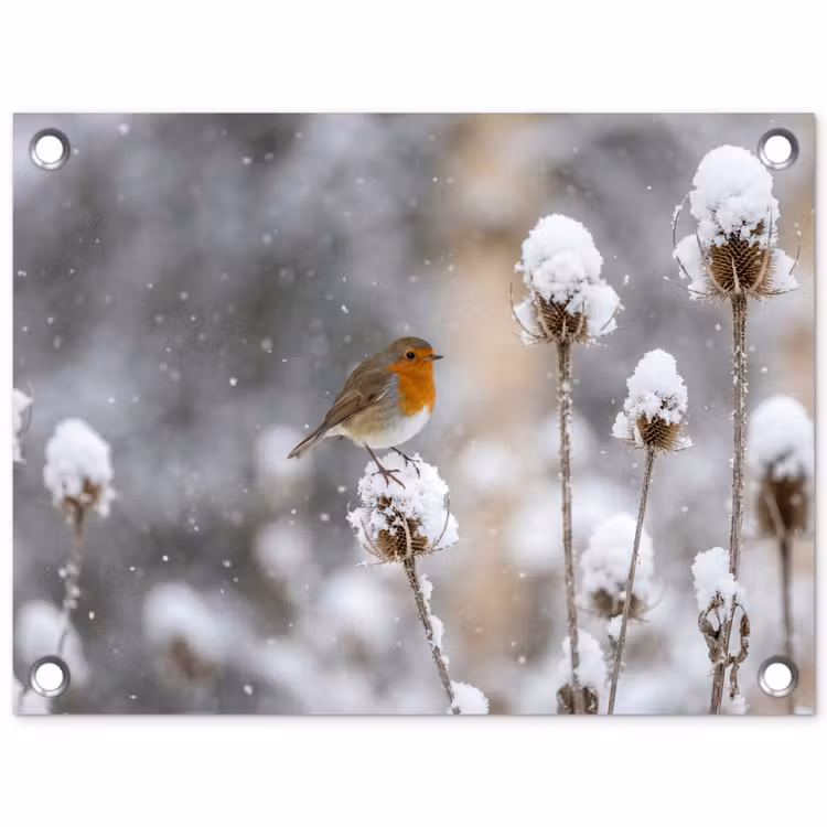 Roodborstje - Gedroogde bloem - Sneeuw - Winter - Vertederend tuinposter los doek klein -3d