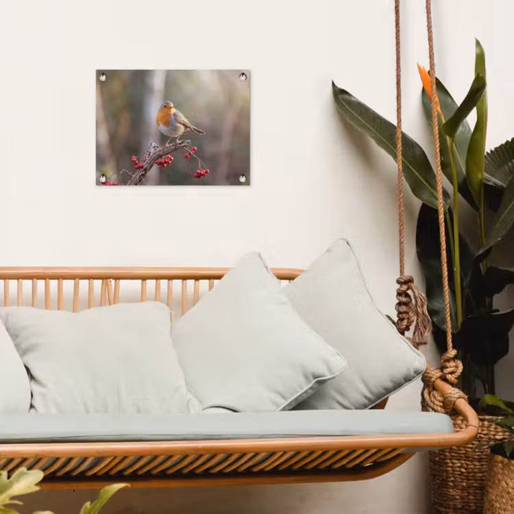 Roodborst - Tak - Bessen - Natuur tuinposter los doek klein -sfeer7
