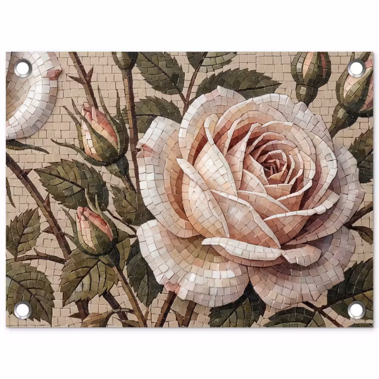 Roos - Mozaïek - Bloemen - Klassiek - Beige tuinposter los doek klein -3d