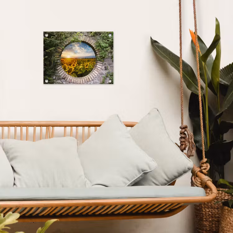 Ronde poort naar zonnebloemveld tuinposter los doek klein -sfeer7
