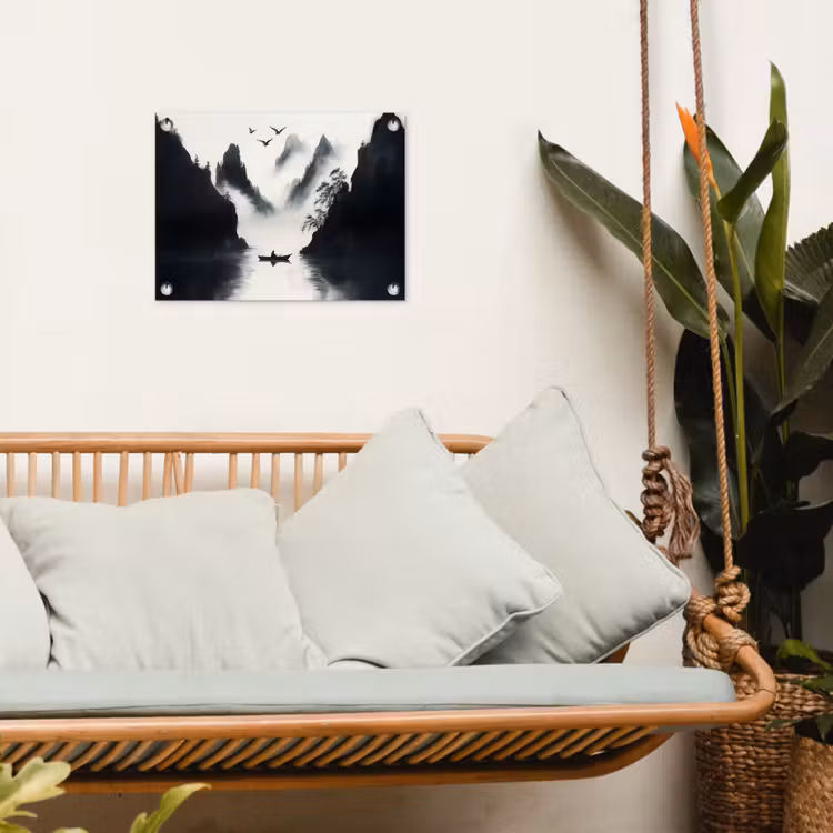 Roeiboot - Mistig - Bergen - Vogels tuinposter los doek klein -sfeer7