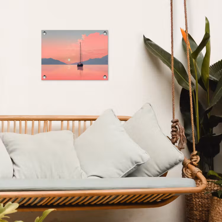 Zeilboot - Roze zee - Zonsondergang - Bergen tuinposter los doek klein -sfeer7