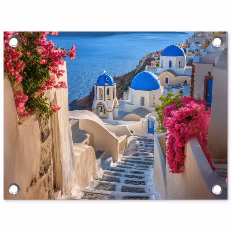 Santorini - Bloemen - Griekenland tuinposter los doek klein -3d