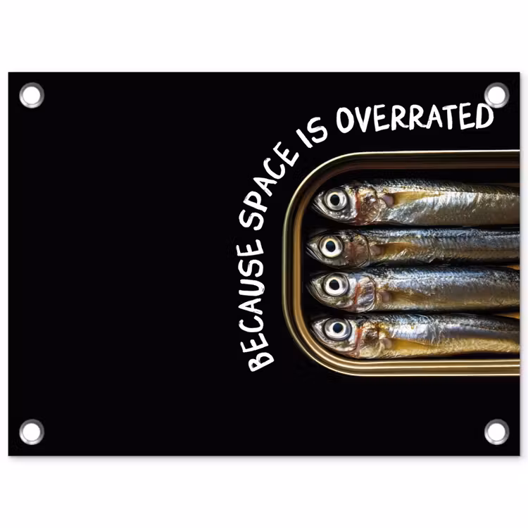 Sardines - Tekst - Vis - Blik tuinposter los doek klein -3d