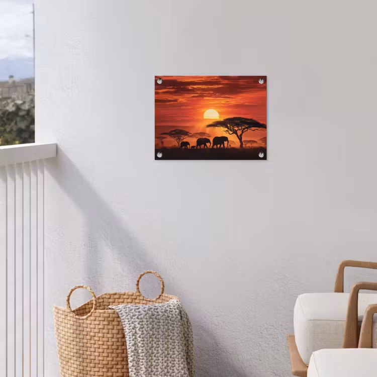 Savanne - Olifanten - Zonsondergang tuinposter los doek klein -sfeer8