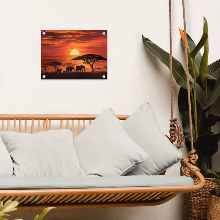 Savanne - Olifanten - Zonsondergang tuinposter los doek klein -sfeer7