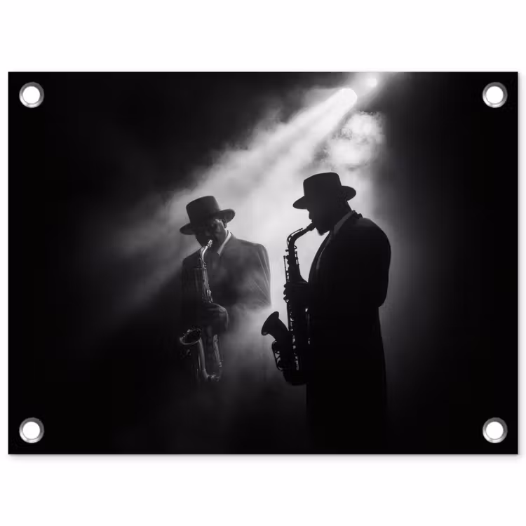 Saxofonisten - Hoeden - Rook - Licht tuinposter los doek klein -3d