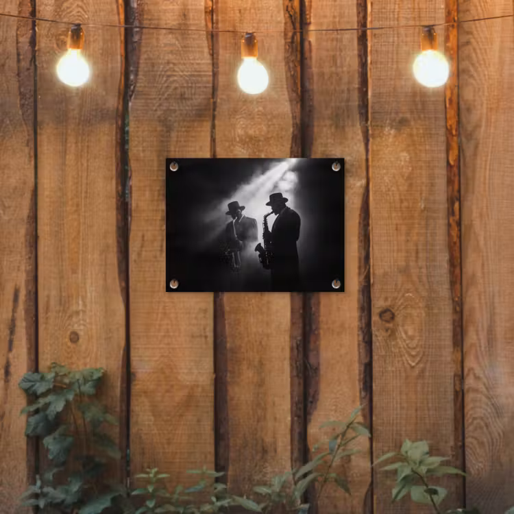 Saxofonisten - Hoeden - Rook - Licht tuinposter los doek klein -sfeer1