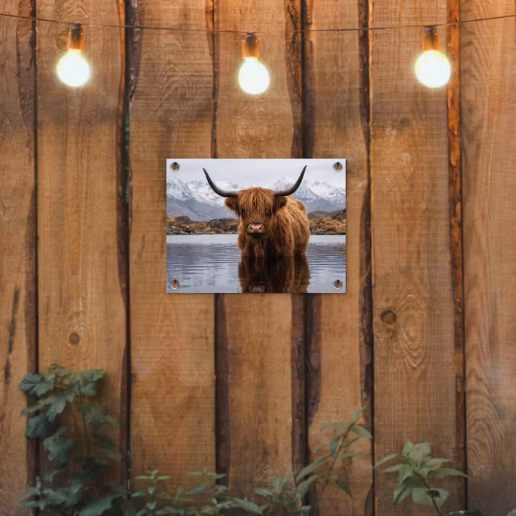 Schotse hooglander - Bruin - Water tuinposter los doek klein -sfeer1