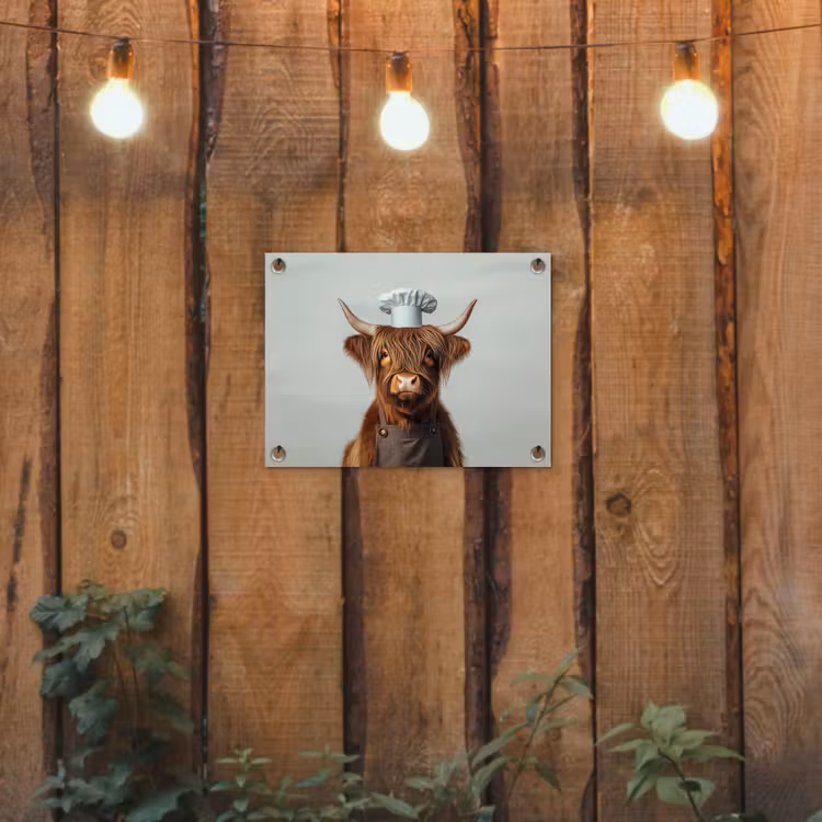 Schotse Hooglander - Bruin - Hoorns - Kokskleding tuinposter los doek klein -sfeer1