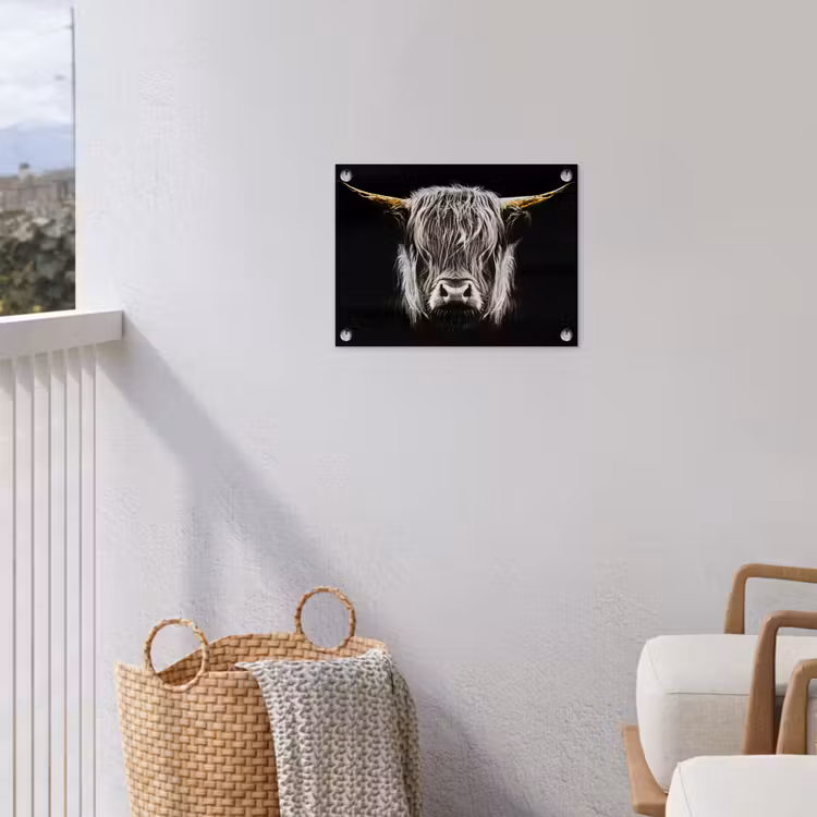 Schotse hooglander - Goud - Hoorns - Zwart wit - Koe - Dieren tuinposter los doek klein -sfeer8