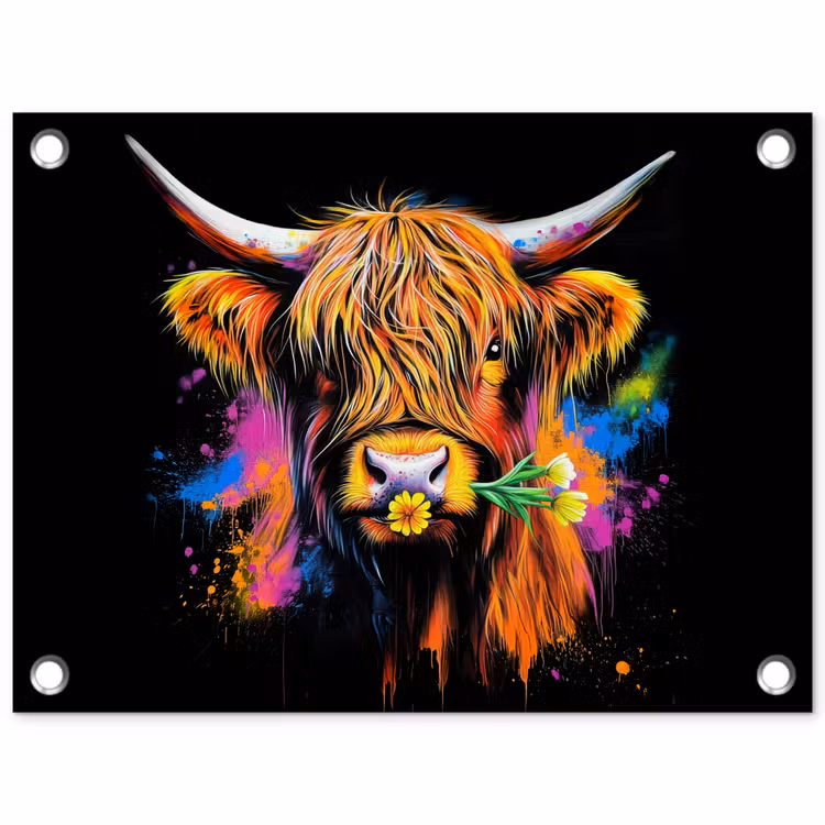 Schotse Hooglander - Graffiti - Kleurrijk - Bloem - Dieren tuinposter los doek klein -3d