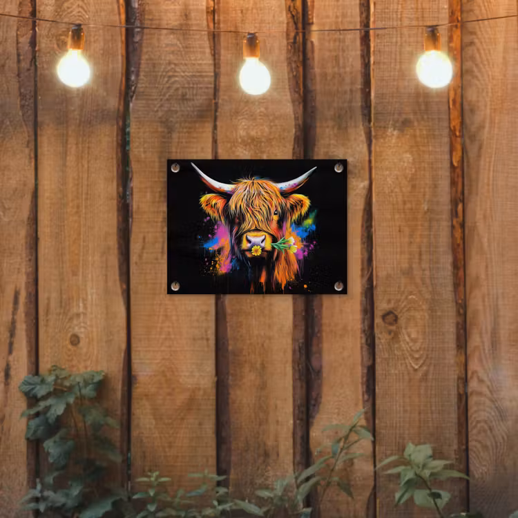 Schotse Hooglander - Graffiti - Kleurrijk - Bloem - Dieren tuinposter los doek klein -sfeer1