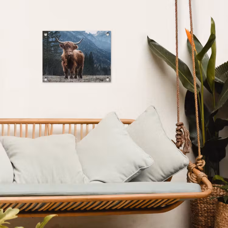 Schotse hooglander - Berg - Landschap - Bomen - Koe - Natuur tuinposter los doek klein -sfeer7
