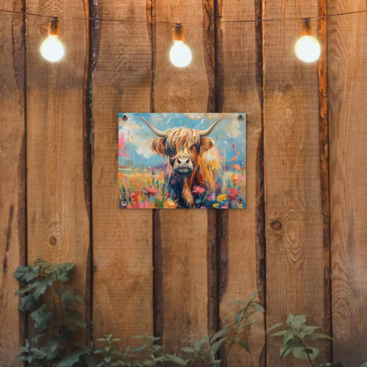 Schotse hooglander - Natuur - Kleurrijk - Bloemen tuinposter los doek klein -sfeer1