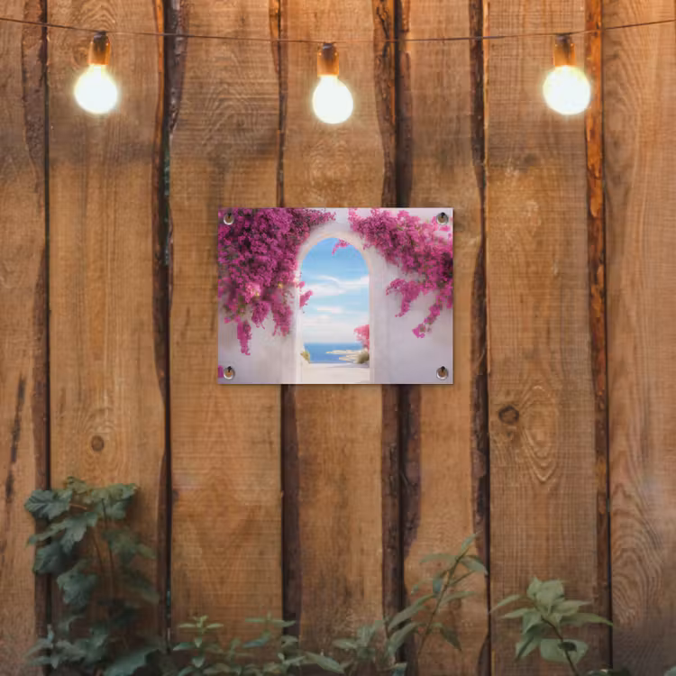 Zee - Roze - Bloemen - Poort tuinposter los doek klein -sfeer1