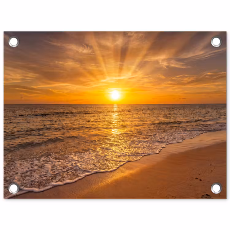 Zee - Zonsondergang - Golven - Kust - Oranje tuinposter los doek klein -3d
