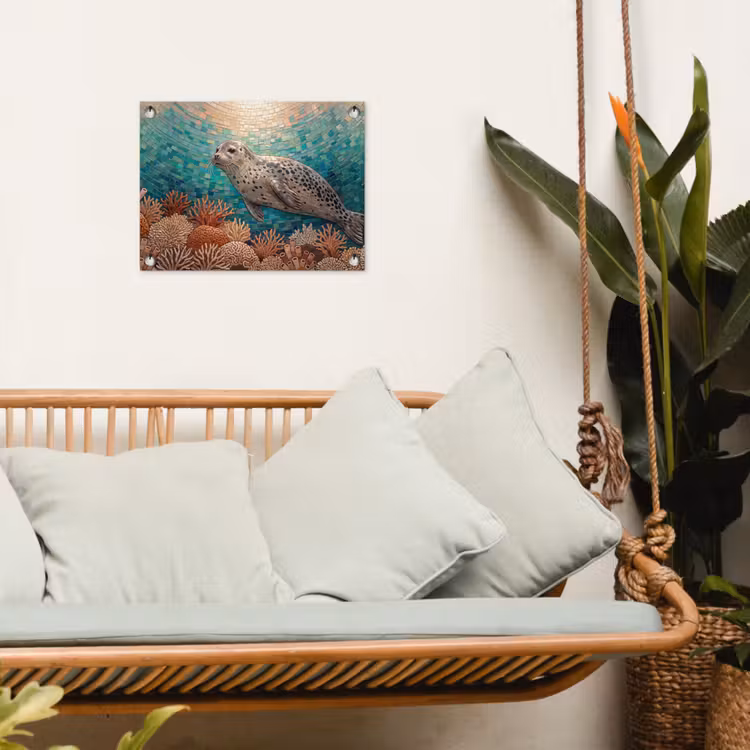 Zeehond - Mozaïek - Onderwater - Dieren - Blauw tuinposter los doek klein -sfeer7