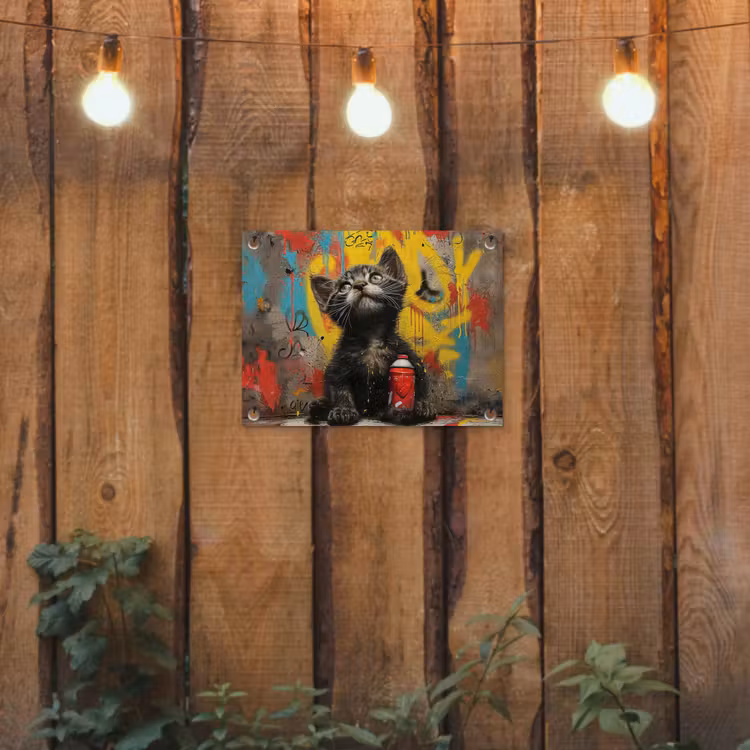 Kitten met Spuitbus tuinposter los doek klein -sfeer1