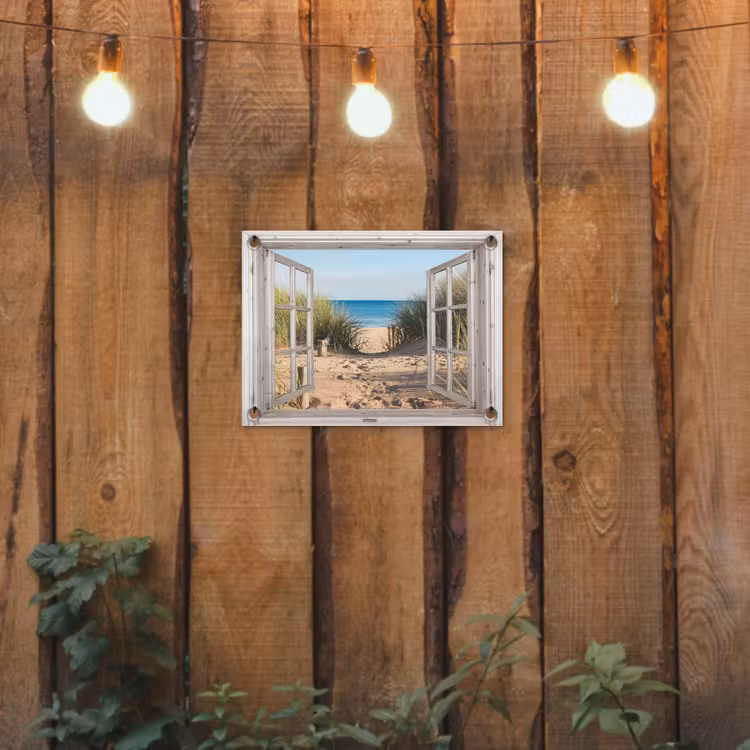 Doorkijk - Strand - Zee - Duinen - Zand - Water - Helmgras tuinposter los doek klein -sfeer1