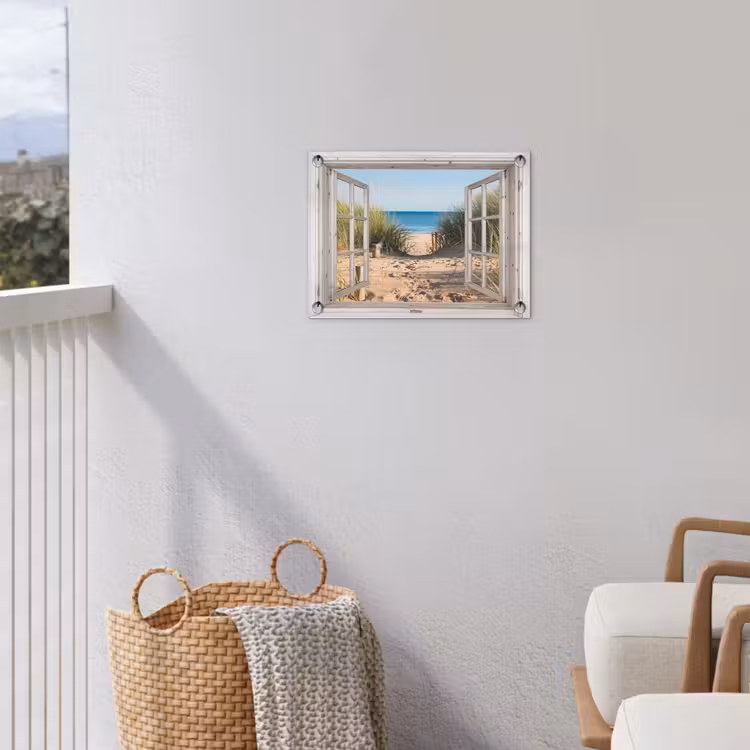 Doorkijk - Strand - Zee - Duinen - Zand - Water - Helmgras tuinposter los doek klein -sfeer8