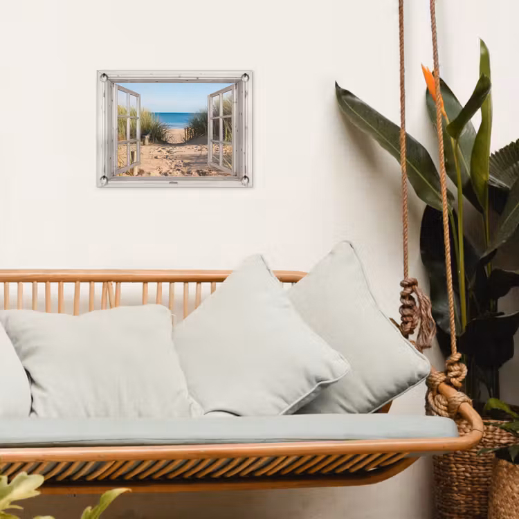 Doorkijk - Strand - Zee - Duinen - Zand - Water - Helmgras tuinposter los doek klein -sfeer7