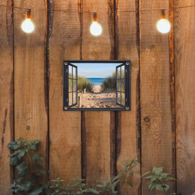 Doorkijk - Strand - Zee - Zand - Water - Helmgras - Duinen tuinposter los doek klein -sfeer1