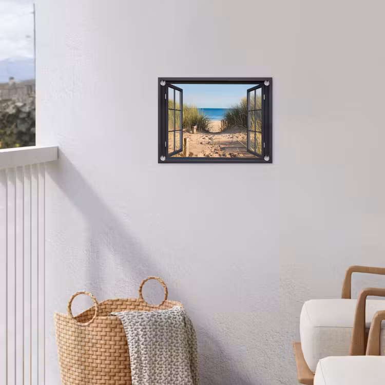 Doorkijk - Strand - Zee - Zand - Water - Helmgras - Duinen tuinposter los doek klein -sfeer8