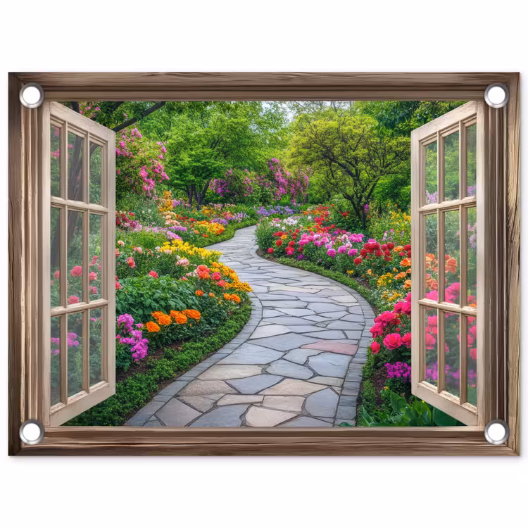 Doorkijk - Bloemen - Tuinpad - Natuur - Raam tuinposter los doek klein -3d