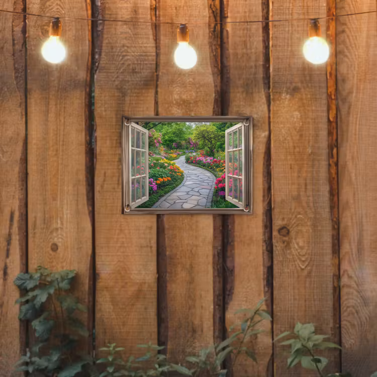 Doorkijk - Bloemen - Tuinpad - Natuur - Raam tuinposter los doek klein -sfeer1