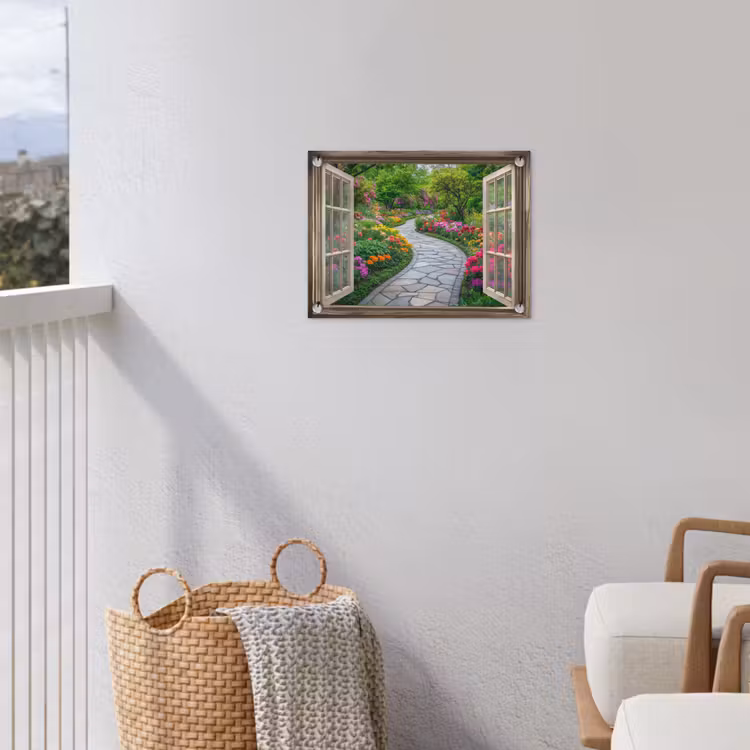 Doorkijk - Bloemen - Tuinpad - Natuur - Raam tuinposter los doek klein -sfeer8