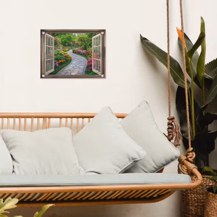 Doorkijk - Bloemen - Tuinpad - Natuur - Raam tuinposter los doek klein -sfeer7