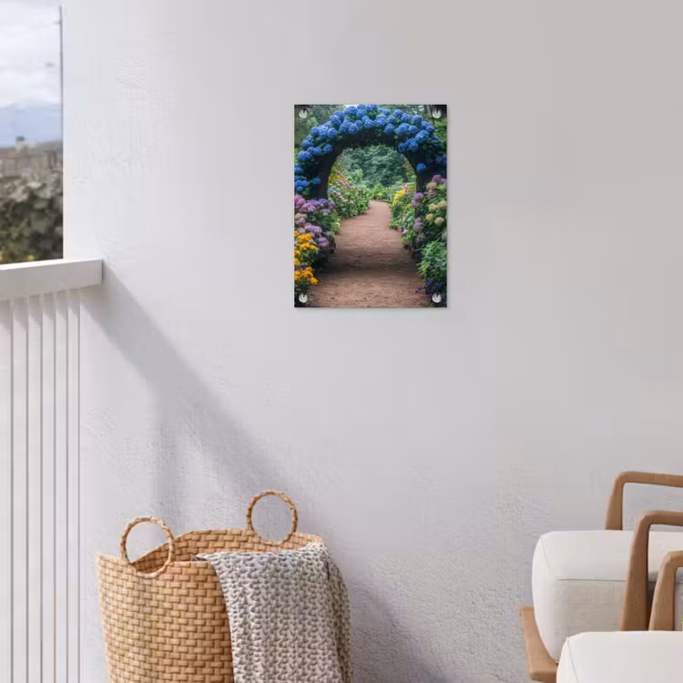 Doorkijk - Bloemen - Hortensia - Pad tuinposter los doek klein -sfeer8