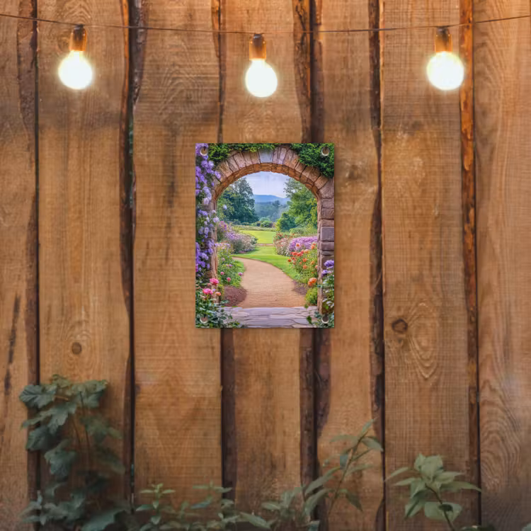 Doorkijk - Poort - Bloemen - Tuin tuinposter los doek klein -sfeer1