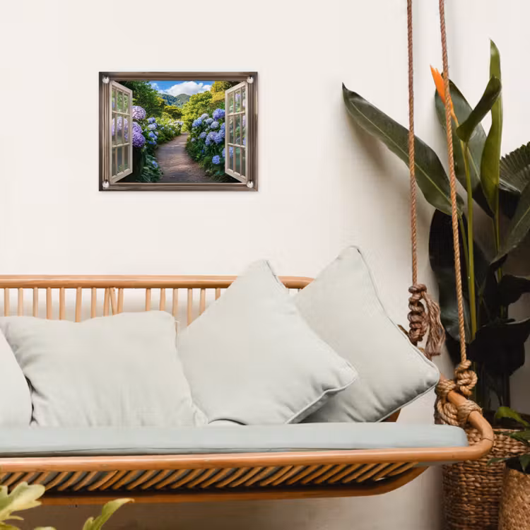 Doorkijk - Hortensia - Pad - Natuur tuinposter los doek klein -sfeer7