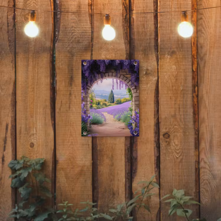 Doorkijk - Lavendel - Bloemen - Paars - Poort tuinposter los doek klein -sfeer1