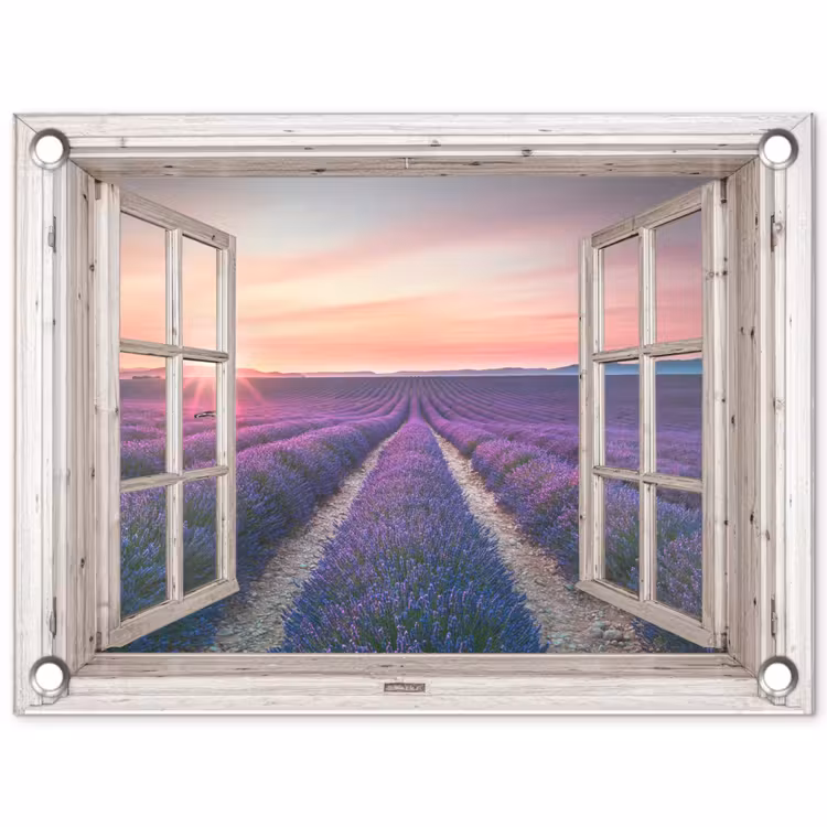 Doorkijk - Lavendel - Bloemen - Hout - Zonsondergang - Paars tuinposter los doek klein -3d