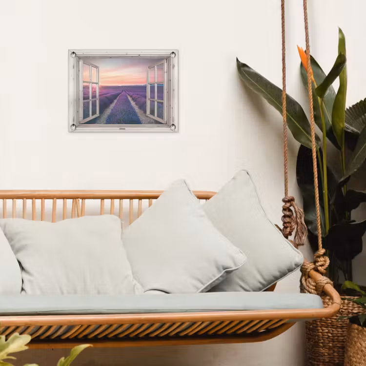 Doorkijk - Lavendel - Bloemen - Hout - Zonsondergang - Paars tuinposter los doek klein -sfeer7