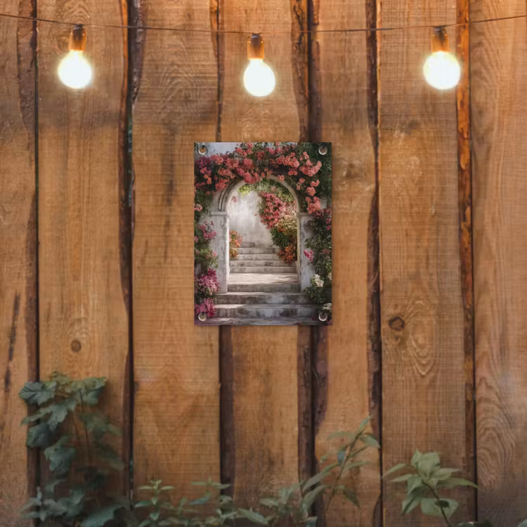 Doorkijk - Rozen - Vintage - Poort tuinposter los doek klein -sfeer1