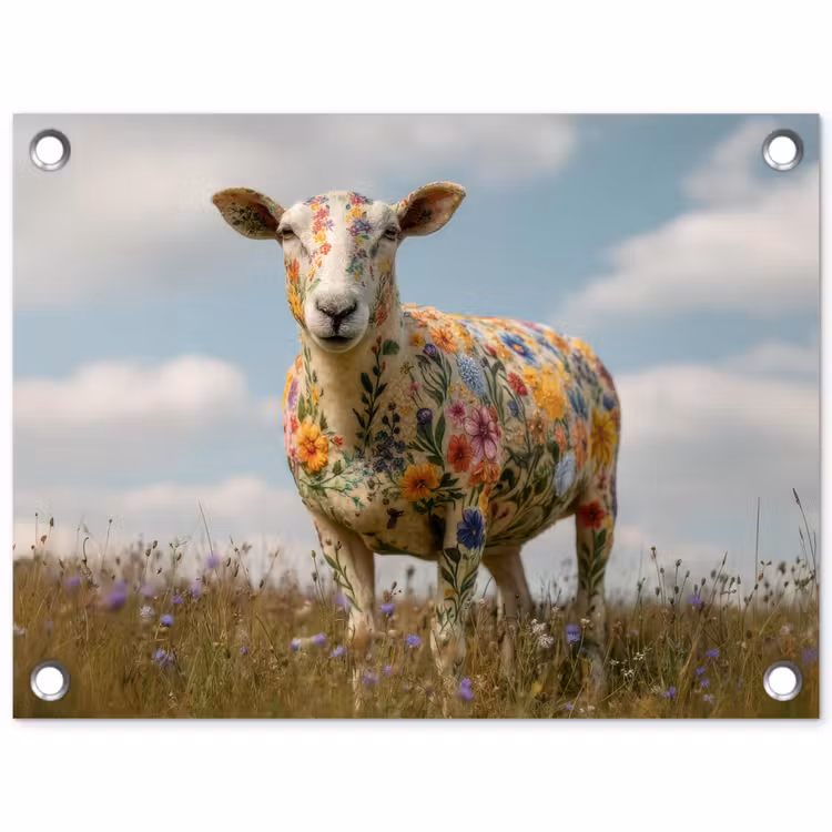 Schaap - Bloemen - Weide tuinposter los doek klein -3d