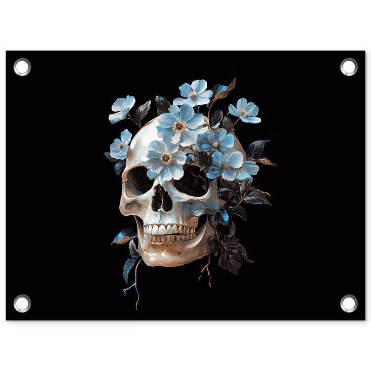Schedel - Blauw - Bloemen - Bladeren tuinposter los doek klein -3d